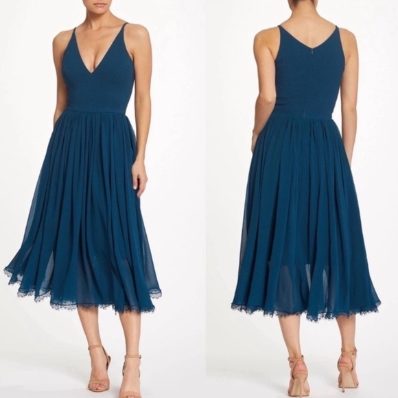 Dress The Population Alicia Chiffon Lace Fit & Flare Midi Dress Peacock Blue XXS - Picture 1 of 14